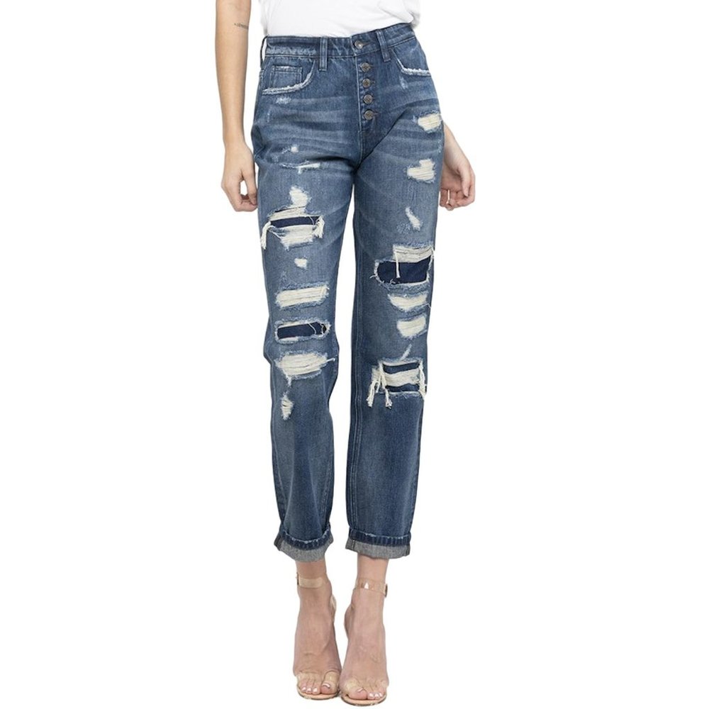 Vervet Distressed and Patched Boyfriend Mom Jeans